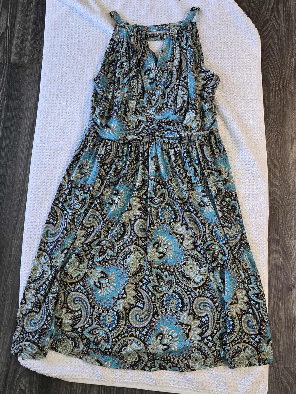 Dress Barn Teal, Black and Cream Paisley Midi Dress